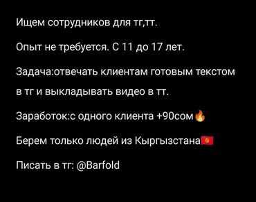 полевые работы: Ищем сотрудников для телеграмма и тиктока. С 11 до 17 лет. Без опыта