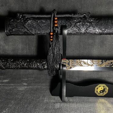 Коллекционные ножи: Катана Черная катана-меч с уникальным дизайном Дракон на рукояти,Глаза