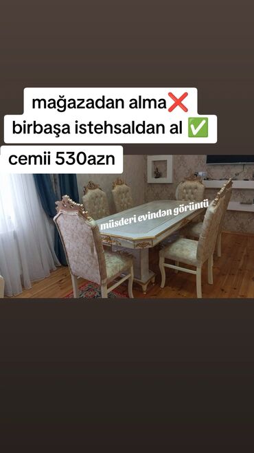 Masa və oturacaq dəstləri: Mətbəx üçün, Qonaq otağı üçün, Yeni, Dördbucaq masa, 6 stul