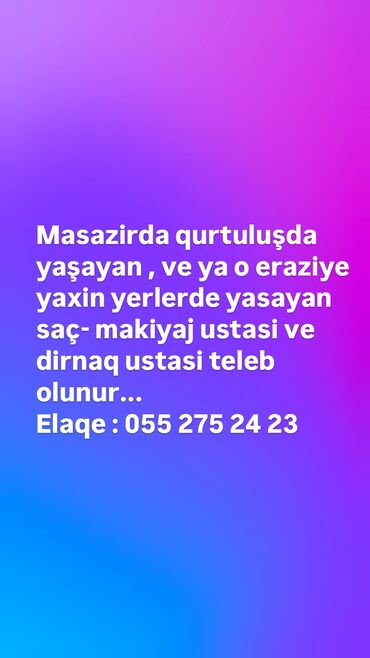 dirnaq ustasi vakansiya: Dırnaq ustası tələb olunur, Fiks edilmiş ödəniş, 1-2 illik təcrübə