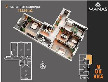 не спеша: 3 комнаты, 133 м², Кок-Жар ж/м Элитка, 9 этаж, ПСО (под самоотделку) — 1