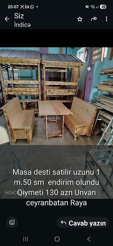 barı ağac var b: Məhsul: Taxta masa dəsti Tərkib: - 1 ədəd masa - 2 ədəd qarşılıqlı — 1