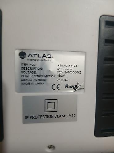 Laminatorlar: Atlas A3 laminator – model AS-LM2-P34D3 Xüsusiyyətlər: - Kağız — 3