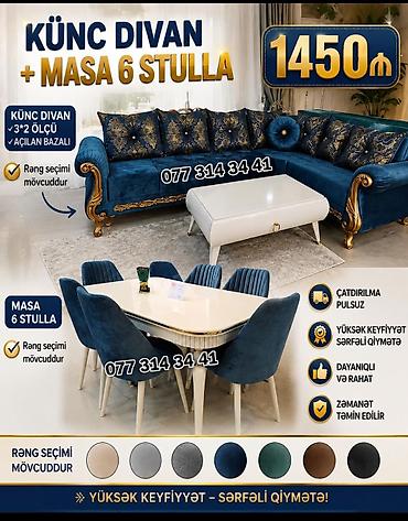 Künc divan + masa 6 stul dəsti - Künc divan: 3×2 ölçü, açılan bazalı