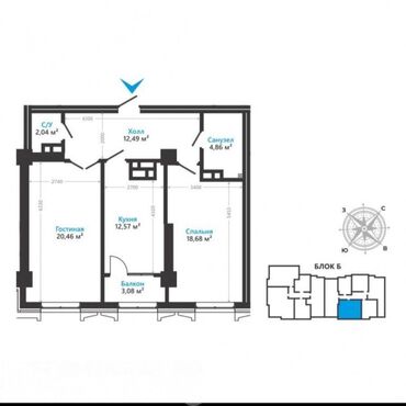 квартиры нурзаман: 2 комнаты, 74 м², Элитка, 6 этаж, ПСО (под самоотделку)