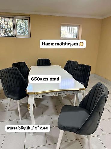 tək stul: Ağ rəngdə, klassik üslublu yemək masa–stul dəsti. - Masa: iri ölçü — 1