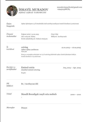 Satış: Aşpaz İsti sex. 6 ildən artıq təcrübə