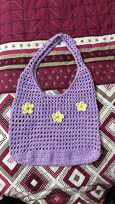 torba: Bənövşəyi rəngdə əl ilə toxunmuş torba tipli çanta — 1