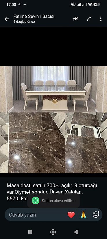 Masa dəsti satılır 700₼. açılır. 8 oturcağı var.Qiymət sondur. Ünvan