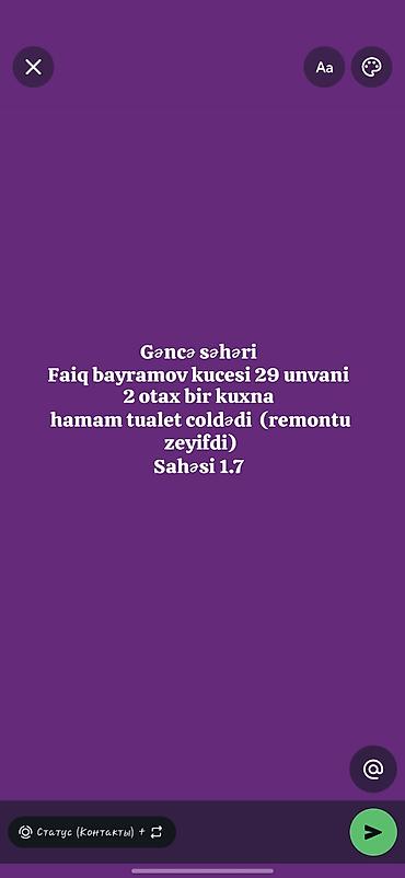 kiraye ev 2 otaq: Gəncə şəhərində mənzil kirayə/satışa təqdim olunur. 60min Ünvan: Faiq — 1