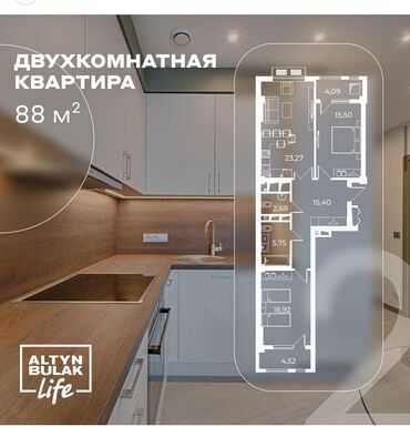 строительная компания кут бишкек: 2 комнаты, 88 м², Элитка, 6 этаж, Евроремонт