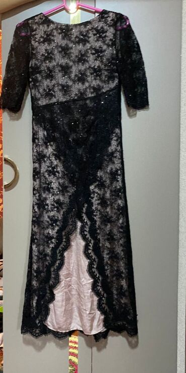 черное платье туника: Вечернее платье, Длинная модель, С рукавами, Стразы, 3XL (EU 46)