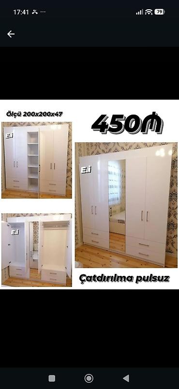Ağ rəngli 4 qapılı paltar şkafı Ölçü: 200 x 200 x 47 sm - Orta