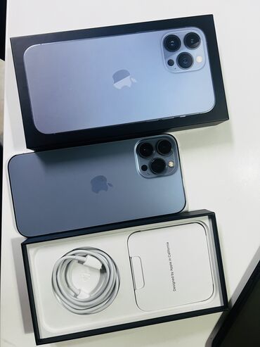 Apple iPhone: IPhone 13 Pro Max, Б/у, 256 ГБ, Sierra Blue, Защитное стекло, Кабель, Коробка, 80 %