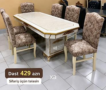 gencede islenmis mebeller: Yemək otağı dəsti – masa və 6 stul - Rəng: krem-ağ masa üstü qızılı — 1