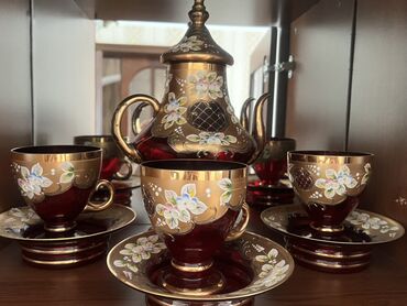 kafeyni serviz: Çay dəsti, rəng - Qırmızı, Şüşə, Bohemia, 6 nəfərlik, Çexiya