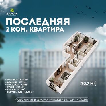 Продажа квартир: 2 комнаты, 71 м², Элитка, 2 этаж, ПСО (под самоотделку)