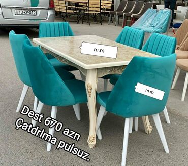 Masa və oturacaq dəstləri: Qonaq otağı üçün, Yeni, Açılmayan, Dördbucaq masa, 6 stul — 4