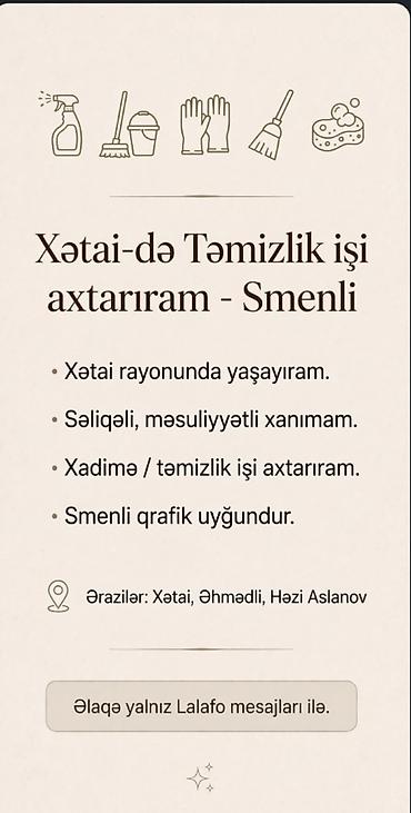 otel xadime: Xidmət: Xadimə / təmizlik işi axtarılır – smenli - Xətai rayonunda — 1