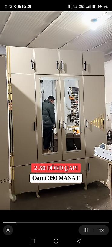 ag qapilar: Məhsul: 4 qapılı paltar dolabı – 2.50 m Təsvir: - Hündürlük təqribən — 7