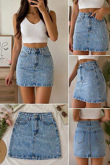 Denim mini ətək – mirvari dekorlu - Material: klassik mavı denim lalafo.az -da Denim mini ətək – mirvari dekorlu - Material: klassik mavı denim