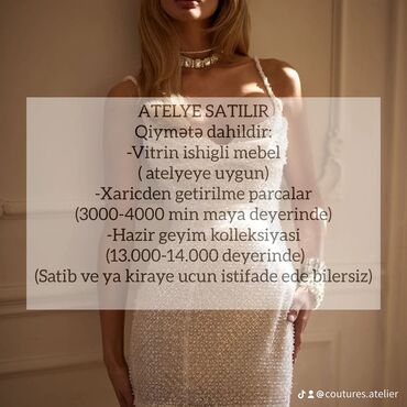 qızlar üçün ağ paltarlar: Atelye satışa çıxarılıb və qiymətə vitrin işıqlı mebeli, xaricdən