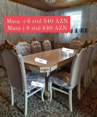 Masa və oturacaq dəstləri: Qonaq otağı üçün, Yeni, Açılmayan, Dördbucaq masa, 6 stul — 30