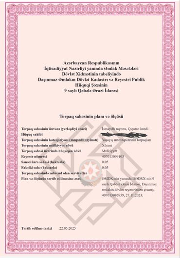 Torpaq sahələrinin satışı: 5 sot, Tikinti, Mülkiyyətçi, Kupça (Çıxarış) — 10