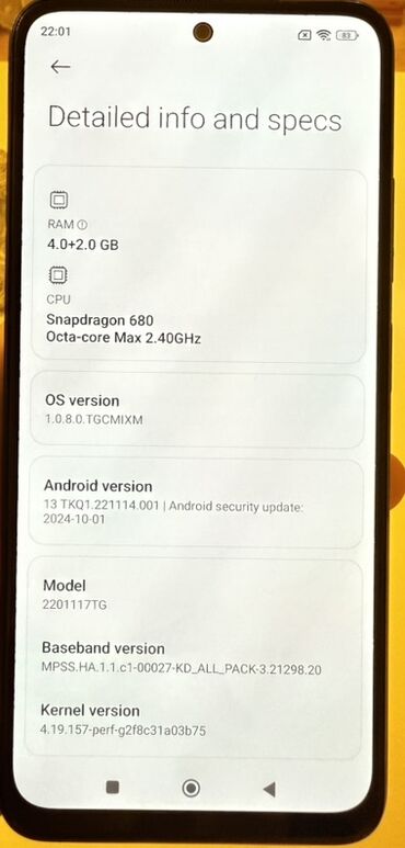 Redmi: Xiaomi Redmi (model: 2201117TG) smartfon Texniki göstəricilər: -