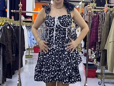 mango canta: Qara-ağ çiçək naxışlı qadın paltarı S/M - Model: mini uzunluq — 2