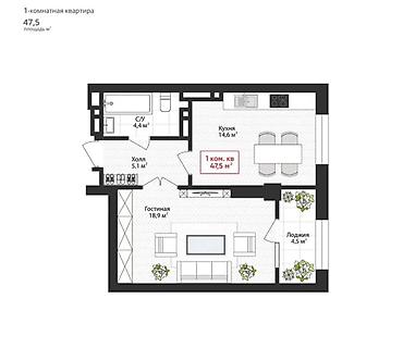 жк статус: 1 комната, 44 м², Ала-Арча ТРЦ Элитка, 10 этаж, ПСО (под самоотделку) — 2