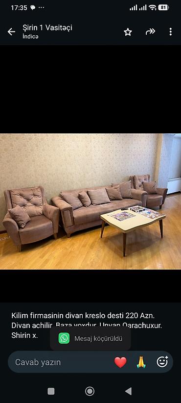 Kilim firmasinin divan kreslo desti 220 Azn. Divan achilir. Baza