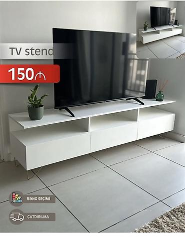 TV stend - Minimalist dizaynlı, ağ rəngdə TV stend - Geniş üst səth