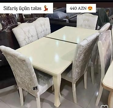 plastik ayna qapi: 1.Yemək otağı dəsti – masa və 6 ədəd stul - Rəng: krem/ivori - Masa — 1