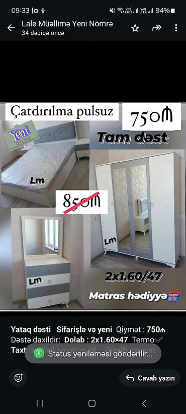 yataq matras: *Yataq dəsti* *Sifarişlə və yeni* Qiymət : *750₼* Dəstə daxildir — 2