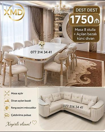 Modern yemək otağı və künc divan dəsti Tərkibi: - Masa + 8 ədəd stul