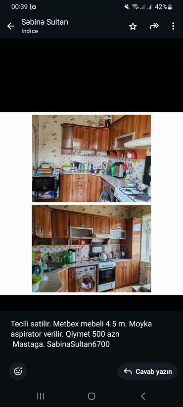 Mətbəx mebeli: Tecili satilir. Metbex mebeli 4.5 m. Moyka aspirator verilir. Qiymet