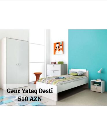 Yataq otağı dəstləri: Təknəfərlik çarpayı, 2 tumba, Dolab, Komod, Yeni