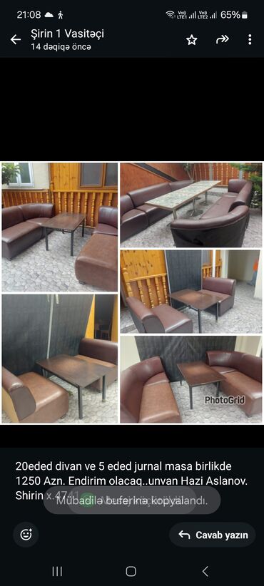 Restoran mebeli: 20eded divan ve 5 eded jurnal masa birlikde 1250 Azn. Endirim