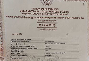 Torpaq sahələrinin satışı: 8 sot, Tikinti, Kupça (Çıxarış)