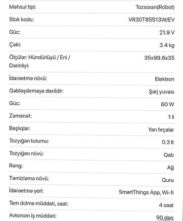 fırınlar: Samsung Jet Bot+ robot tozsoran (model: VR30T85513W/EV) Texniki — 2