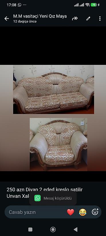 250 azn Divan 2 eded kreslo satilir 
Unvan Xalqlar M.M✅kod4600