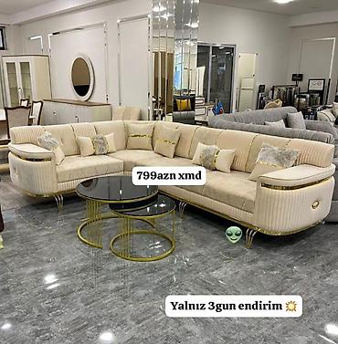 kunc divan desti: L‑şəkilli salon divan dəsti - Rəng: açıq krem/bej - Klassik-modern — 1