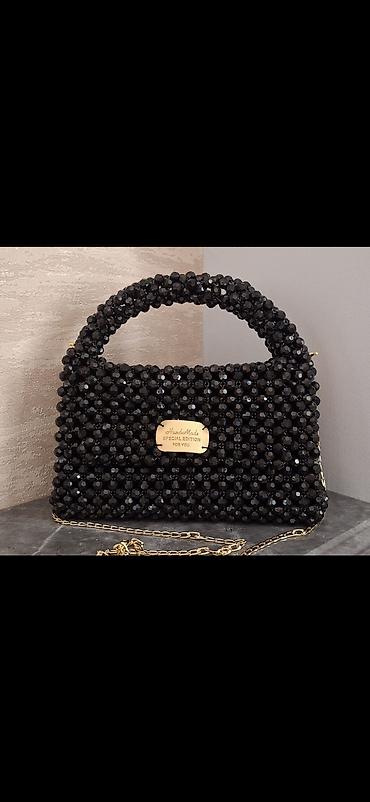 toy sumkalari: Qara boncuklu əl işi çanta - Material: Parıldayan qara akril/şüşə — 1