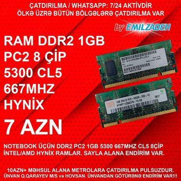 Operativ yaddaş (RAM): Operativ yaddaş (RAM) 1 GB, < 1333 Mhz, DDR2, Noutbuk üçün, İşlənmiş