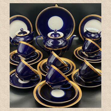 Чайный набор, цвет - Синий, Фарфор, 6 персон, СССР