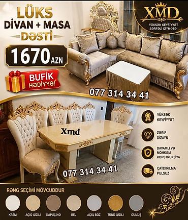 Masa və oturacaq dəstləri: Masa və 6 stul dəsti – Xmd • Komplekt: 1 yemək masası + 6 ədəd stul — 88
