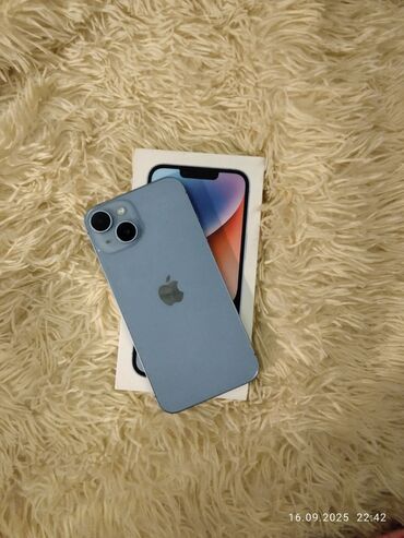 талас телефоны: IPhone 14, Колдонулган, 128 ГБ, Көгүлтүр, Коргоочу айнек, Каптама, Куту, 82 %