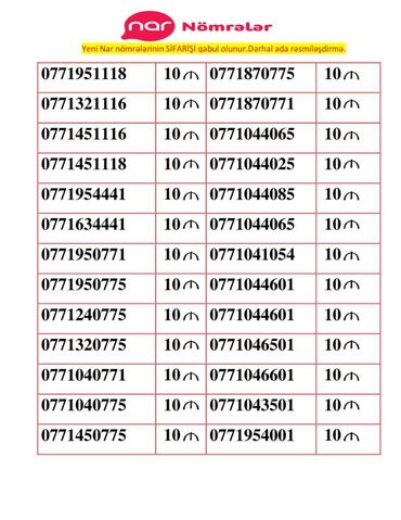 077 nar nomreler: Nömrə: ( 077 ) ( 1321116 ), Yeni