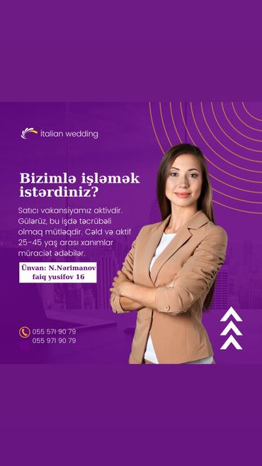 satici iw elanlari: Satış məsləhətçisi tələb olunur, Yalnız qadınlar üçün, 30-45 yaş, 1 ildən az təcrübə, Aylıq ödəniş